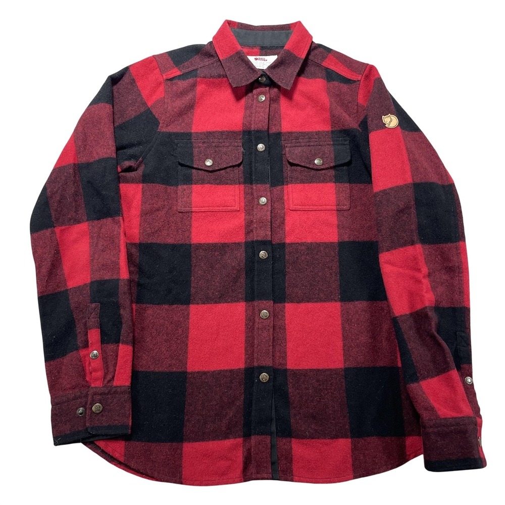 Fjallraven Shirt Womens XS Red Black Wool Flannel Plaid Button Up Canada 90835‎